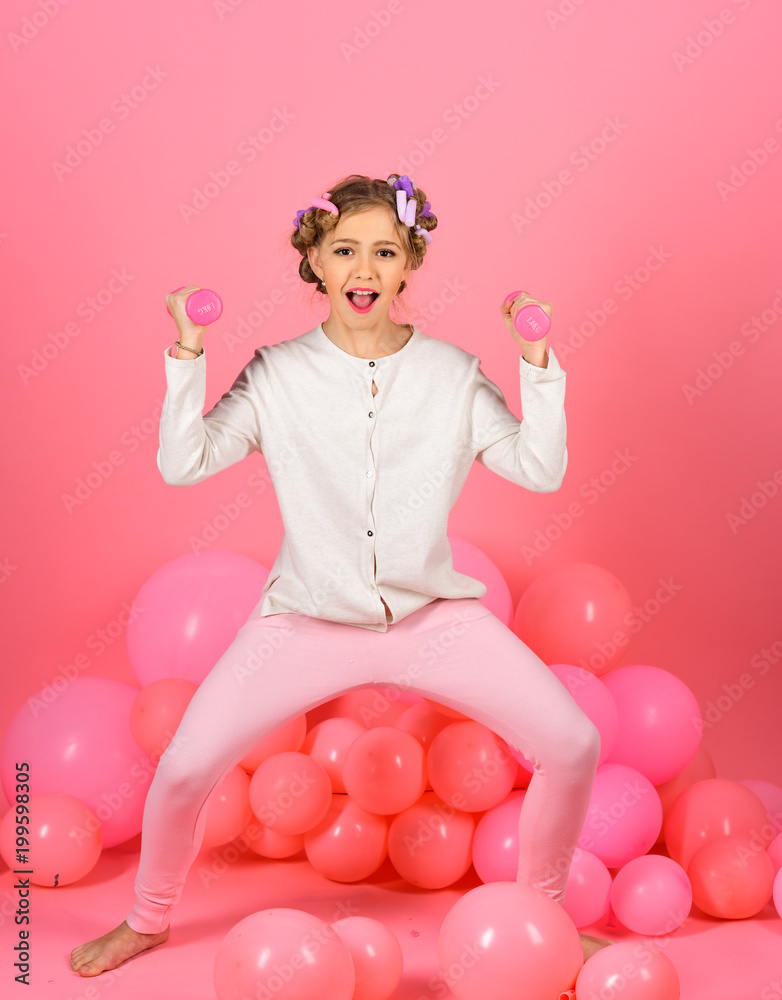 morning exercise, weight lifting, pink background. morning exercise, weight lifting, pink background.