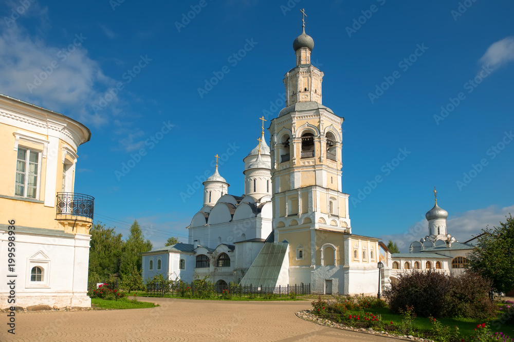 Church of the Ascension and bell tower of Saviour Priluki Monastery by cloud day near Vologda, Russia.