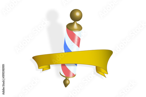vector logo of vintage barber pole in brass version with banner / vintage-style logo for a barber shop, with classic white, red and blue pole and brass-colored banner