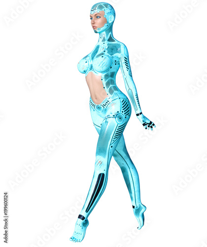ancing robot woman. Blue metal droid with woman's face. Artificial Intelligence. Conceptual fashion art. Realistic 3D render illustration. Studio, isolate, high key.
