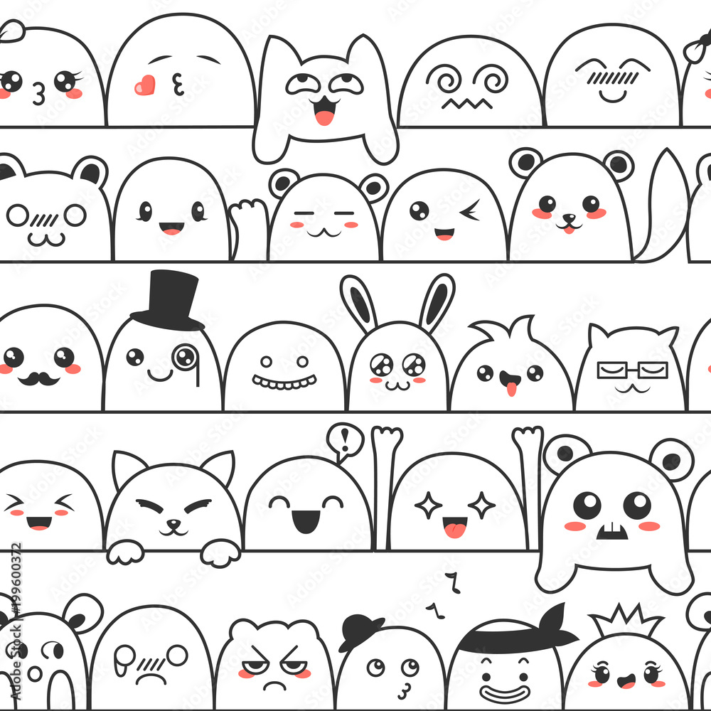 Seamless pattern with cute lovely kawaii monsters and animals ...