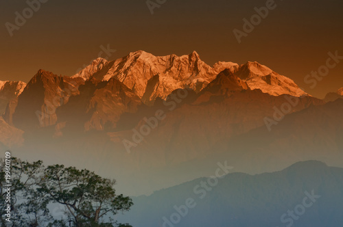 First light on Mount Kanchenjugha, Himalayan mountain range photo