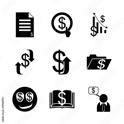 icon Currency with financial, laugh, dollar smiley, folder and money