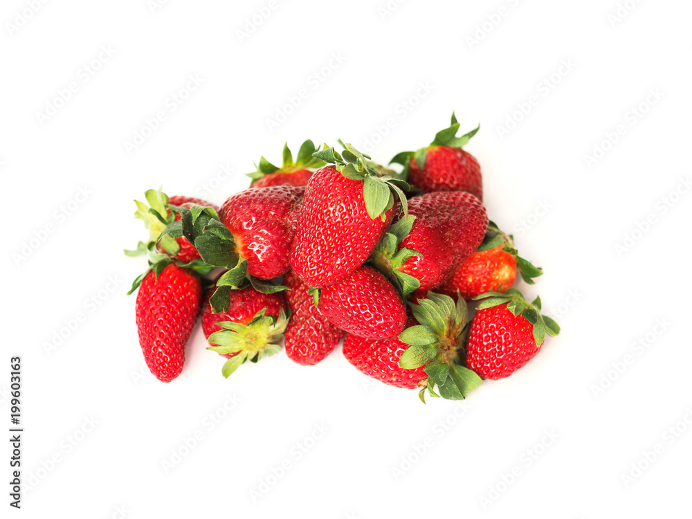 Pile of fresh ripe juicy garden strawberries isolated on white background. Edible, red fruit of the plant fragaria ananassa, rosaceae. Top view, close-up, macro. Green stem