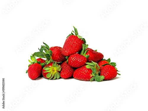 Pile of fresh ripe juicy garden strawberries isolated on white background. Edible, red fruit of the plant fragaria ananassa, rosaceae. Close-up, macro. Green stem
