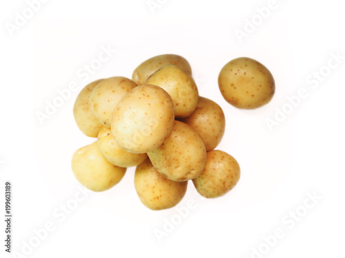 Potato. Fresh ripe potatoes isolated close-up on a white background  top view. Edible tubers vegetable of the plant solanum tuberosum  solanaceae
