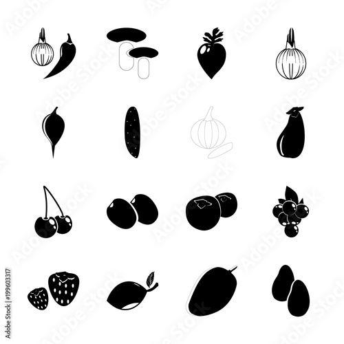 icon Fruits And Vegetables with onion, vintage vine, citrus, black cherry and pea
