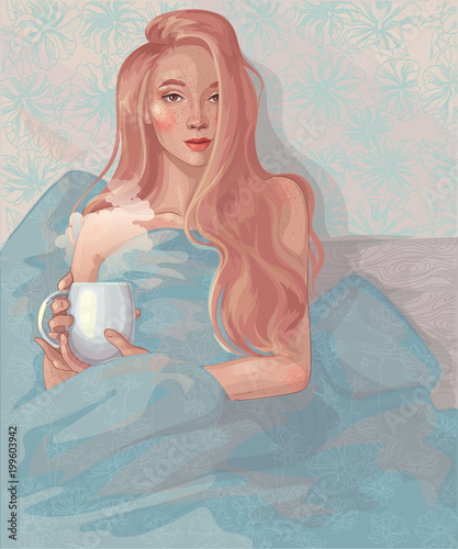 
vector beautiful girl with long shaggy strawberry-pink hair in a crumpled bed, in her hands a cup of hot coffee, sunrays on a background