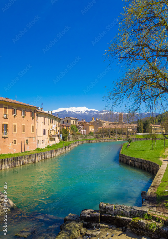 Rieti (Italy) - The historic center of the Sabina's provincial capital, under Mount Terminillo with snow and crossed by the river Velino.