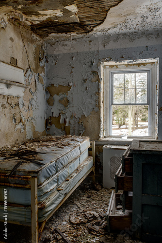 Derelict Bedroom with Bed & Dresser - Abandoned Sleighton Farm School - Pennsylvania