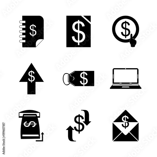 icon Currency with usd currency symbol, payment, money, tag and laptop