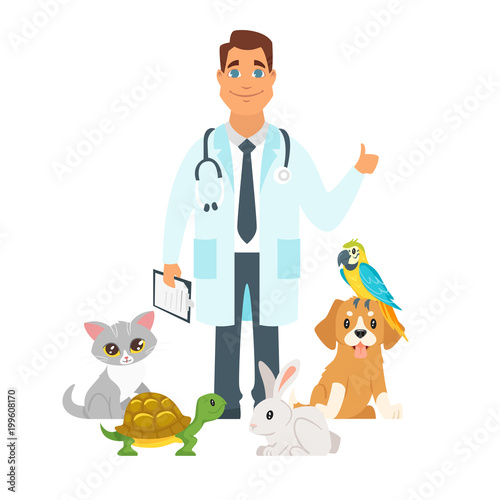 veterinarian surrounded with home pets