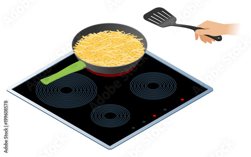 Flat isometric illustration of kitchen electric stove, frying pan with crispy fried potato. The hand holds a cooking spatula. Food, cookware, crockery vector concept isolated on white background.