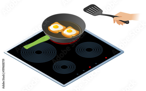 Flat isometric illustration of kitchen electric stove, frying pan with eggs on the toasts. The fried chicken eggs on a crisp bread, a hand with spatula. Vector concept isolated on white background.