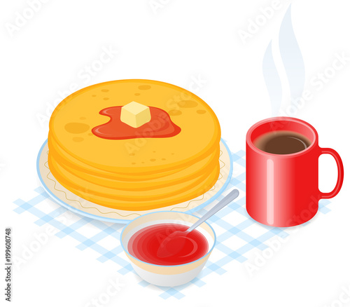 Flat isometric illustration of dish with pancakes, jam and cup of coffee. The russian traditional pancakes in the plate, a mug of hot coffee, sweet syrup. The Shrovetide, carnival food vector concept.