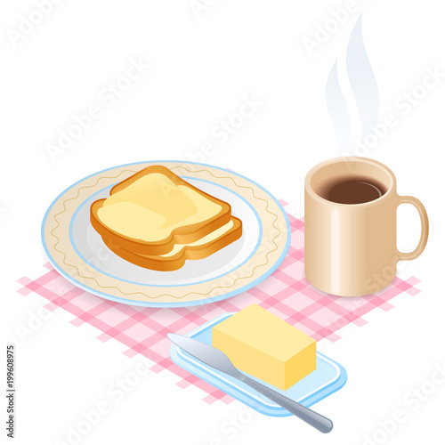 Flat isometric illustration of plate with slices of bread and butter and cup of coffee. The dish with toasts with margarine, a mug of hot coffee. The breakfast, morning eating, food vector concept.
