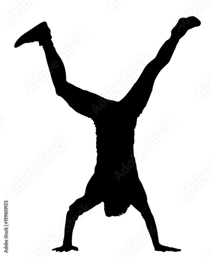 Young man doing cartwheel. Sportsman in handstand position vector silhouette illustration. Standing on hand pose.