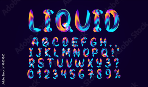 Fluid colored letter. Alphabet font of melting liquid. Design 3d sign isolated on black background.