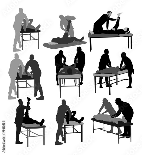 Physiotherapist and patient exercising in rehabilitation center, vector silhouette illustration. Doctor supports sportsman during physiotherapy treatment. Physical exercises massage and chiropractic