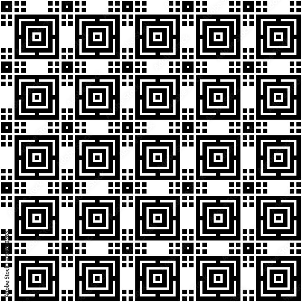 Seamless geometric pattern of simple shapes in black on white background