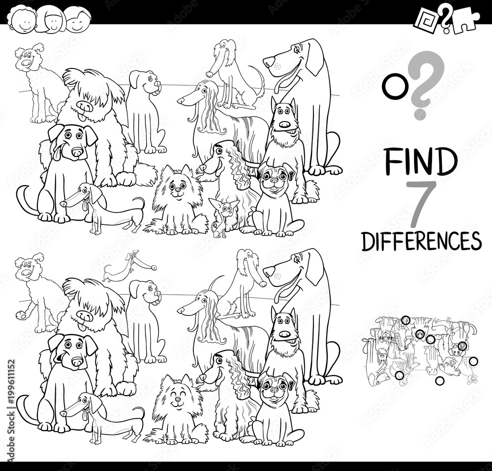 differences game with dogs group coloring book