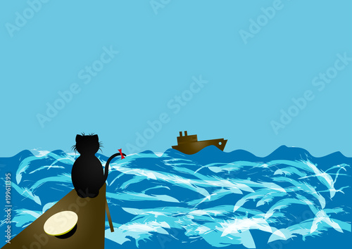 A lonely cat looking at the ship in the stormy sea