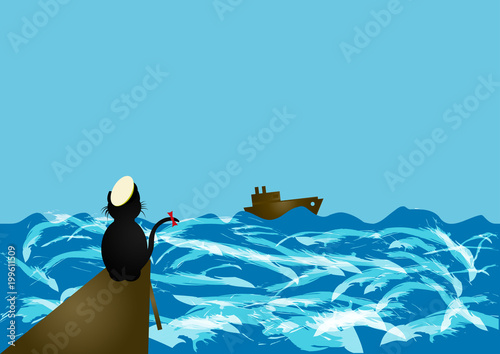 A lonely cat looking at the ship in the stormy sea