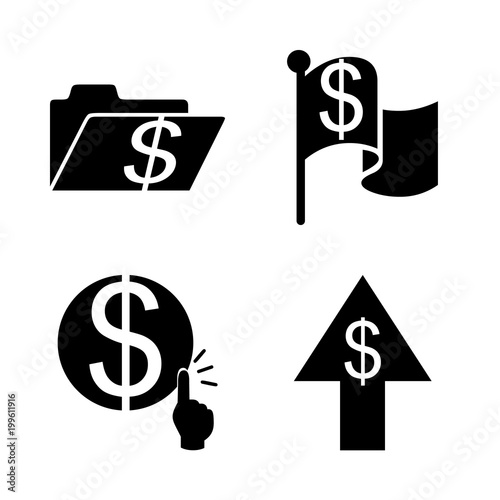 icon Currency with usd currency symbol, flag, credit, growing up and economy