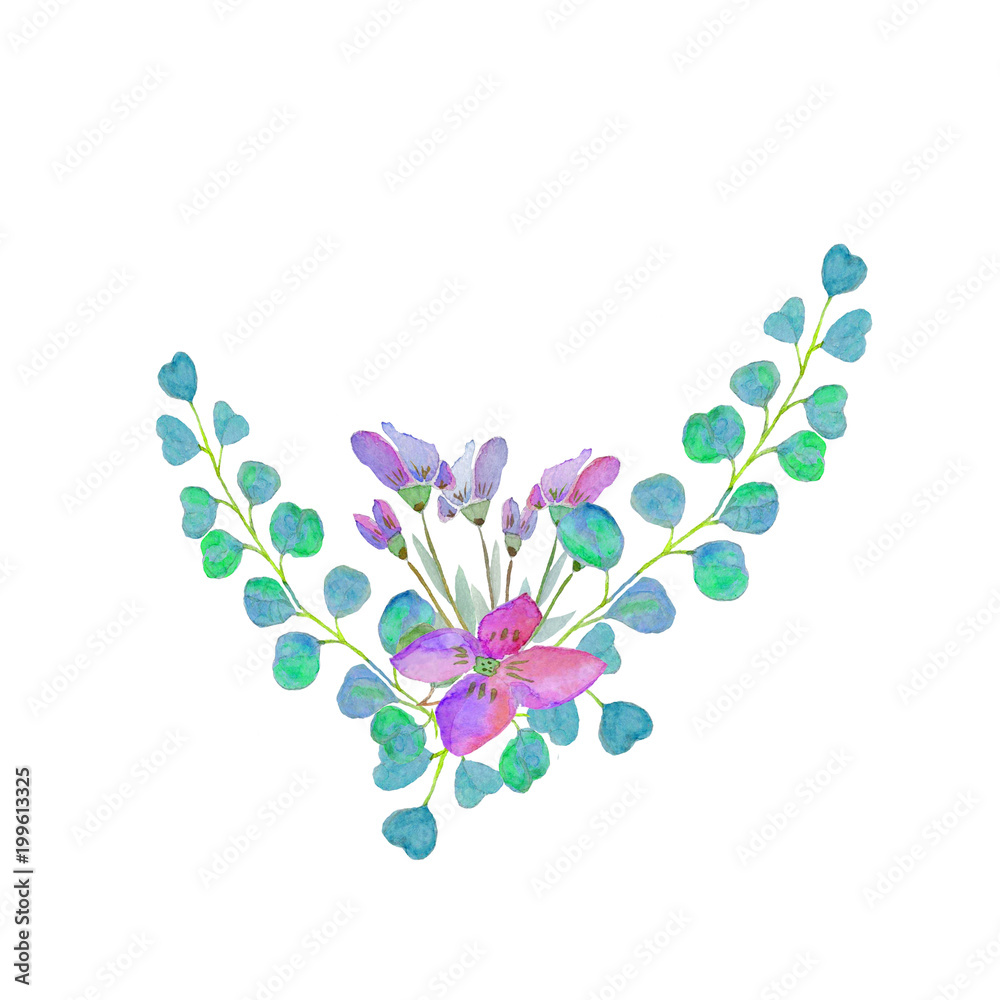 watercolor illustration of leaves and purple flowers watercolor illustration of leaves and purple flowers