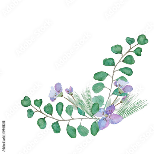 watercolor illustration of green leaves and flowers © Любовь Анохина