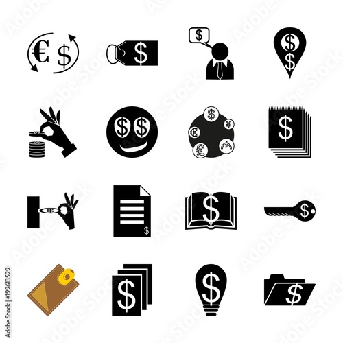 icon Currency with forex, money price, financial document, euro usd exchange and hand