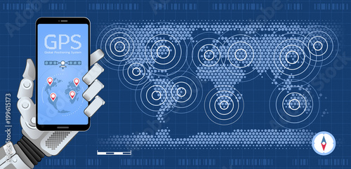 Mobile GPS Tracker. Mechanical hand of a robot holding smartphone showing mobile app on background of world map. Vector illustration on the subject of 'Global Positioning System'.