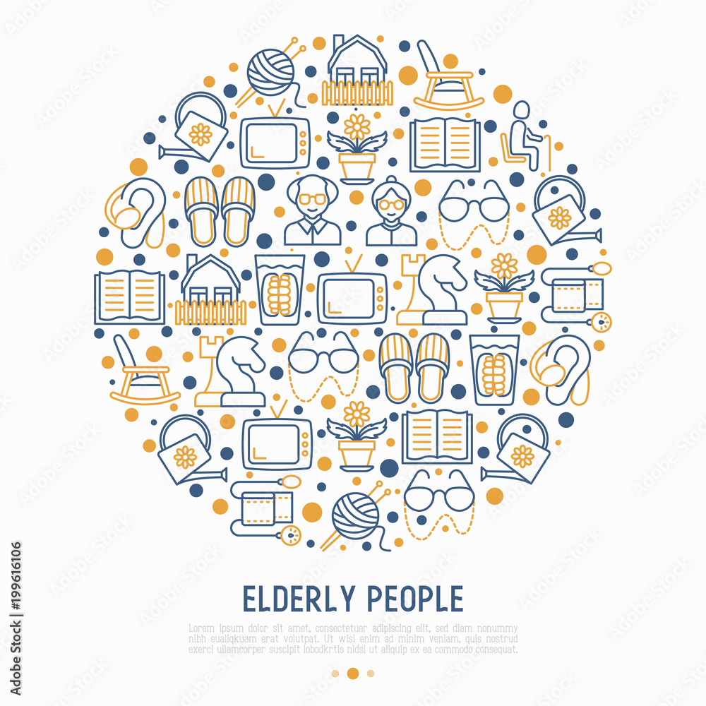 Elderly people concept in circle with thin line icons: grandmother, grandfather, glasses, slippers, knitting, rocking chair, hearing aid, flowers, reading, false jaw, chess. Vector illustration.