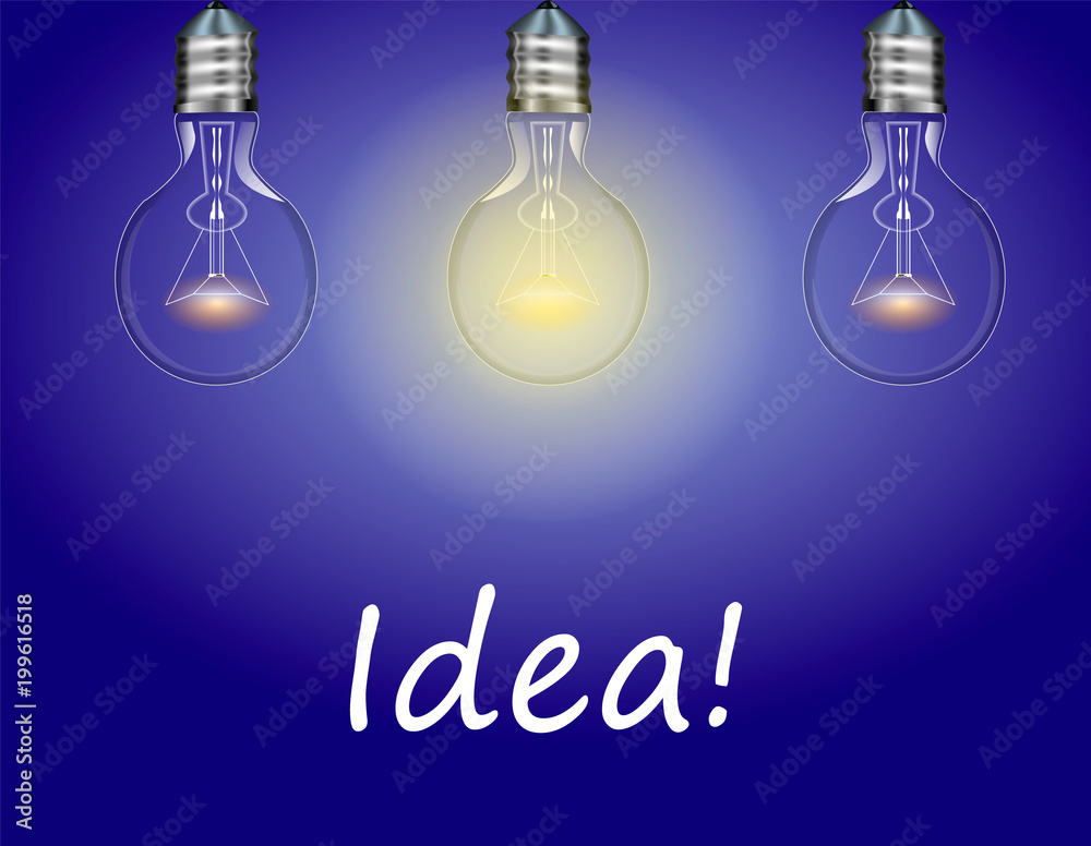 Three electric bulbs on blue background. One light is on. Idea concept. Vector illustration Three electric bulbs on blue background. One light is on. Idea concept. Vector illustration