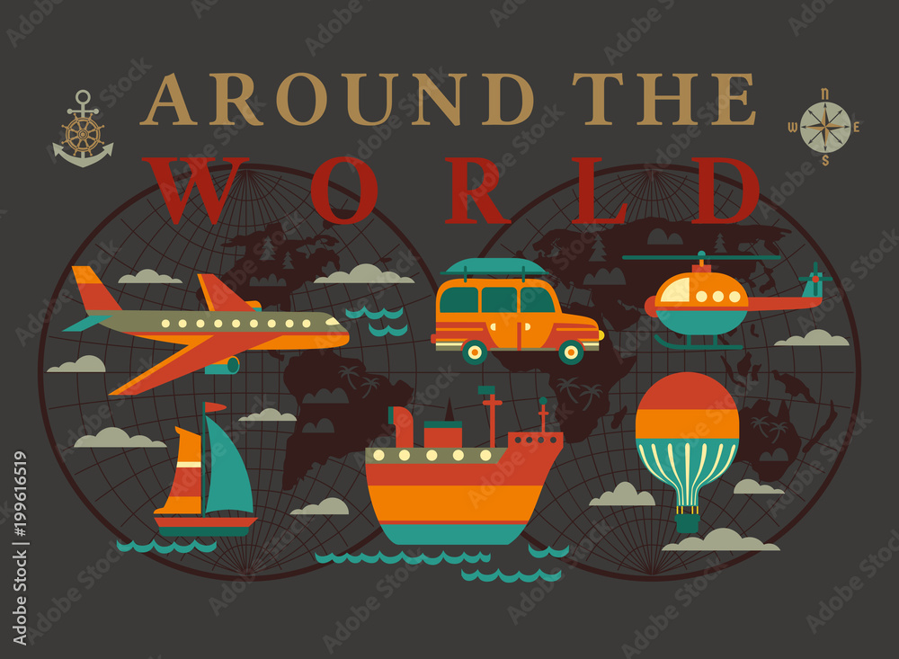 Travel concept. Around the world travelling by airplane, vessel, offroad vehical. Flat retro color. Transport icons collection. Tourist tour advertisement template. Vector tripping banner background