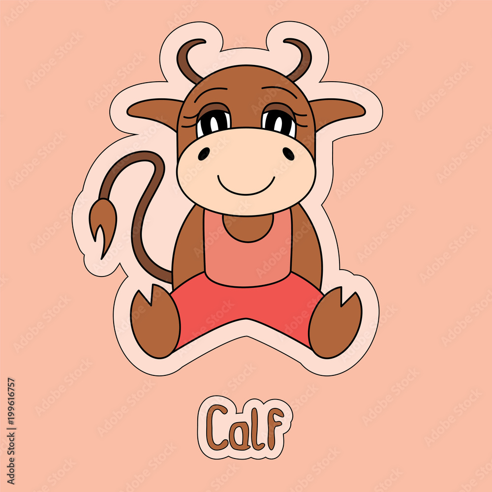 Cute calf, bull, cow, buffalo, ox, cartoon sticker, funny animal, child's  drawing, card. Logo. Totem symbol of the Chinese horoscope 2021 Stock  Vector | Adobe Stock
