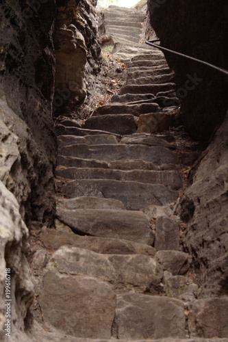 Narrow stone steps in cave.