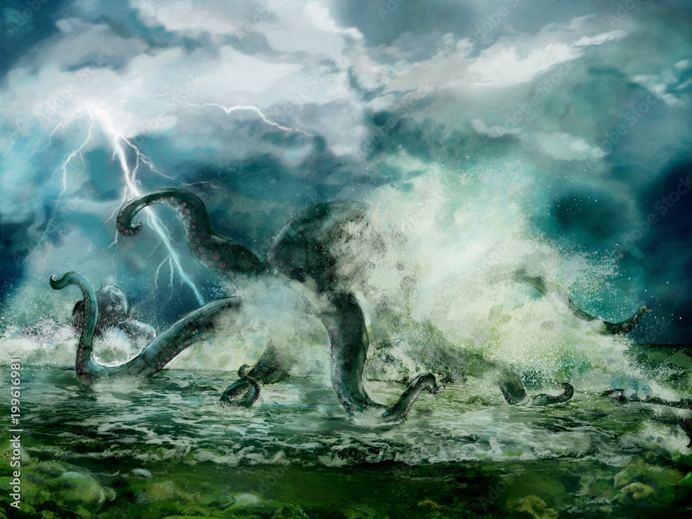 Illustration of a Kraken or giant octopus in the storm, spindrift near seashore