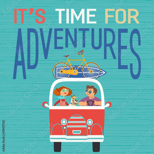 Time for adventure. Dog days of summer poster concept. Young happy travellers trip by van to beach. Family microbus journey. Vacation touring by auto. Cute cartoon. Colorful humor vector illustration
