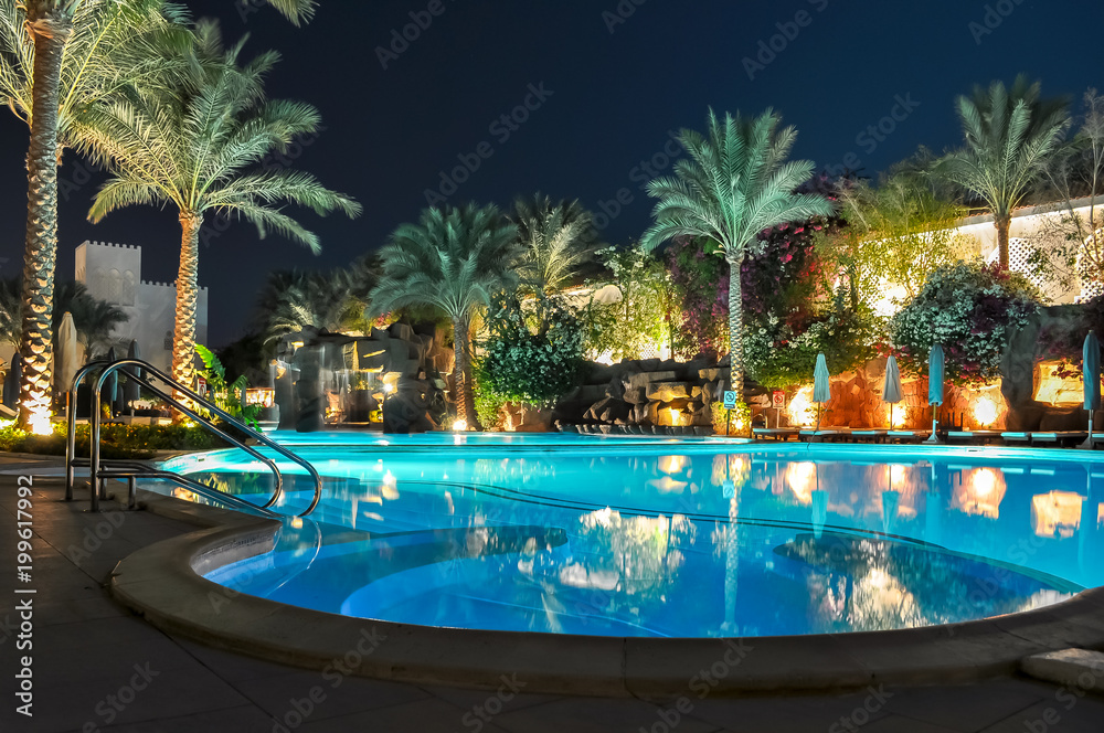 Swimming pool at night in Sharm el Sheikh, Egypt