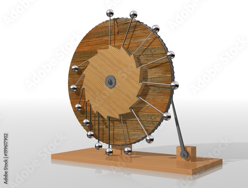 Perpetuum mobile. Leonardo da Vinci's perpetual motion machine. 3D illustration isolated on a white background. Physics.