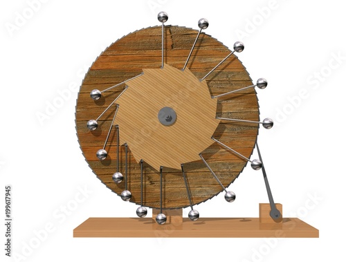 Perpetuum mobile. Leonardo da Vinci's perpetual motion machine. 3D illustration isolated on a white background. Physics.