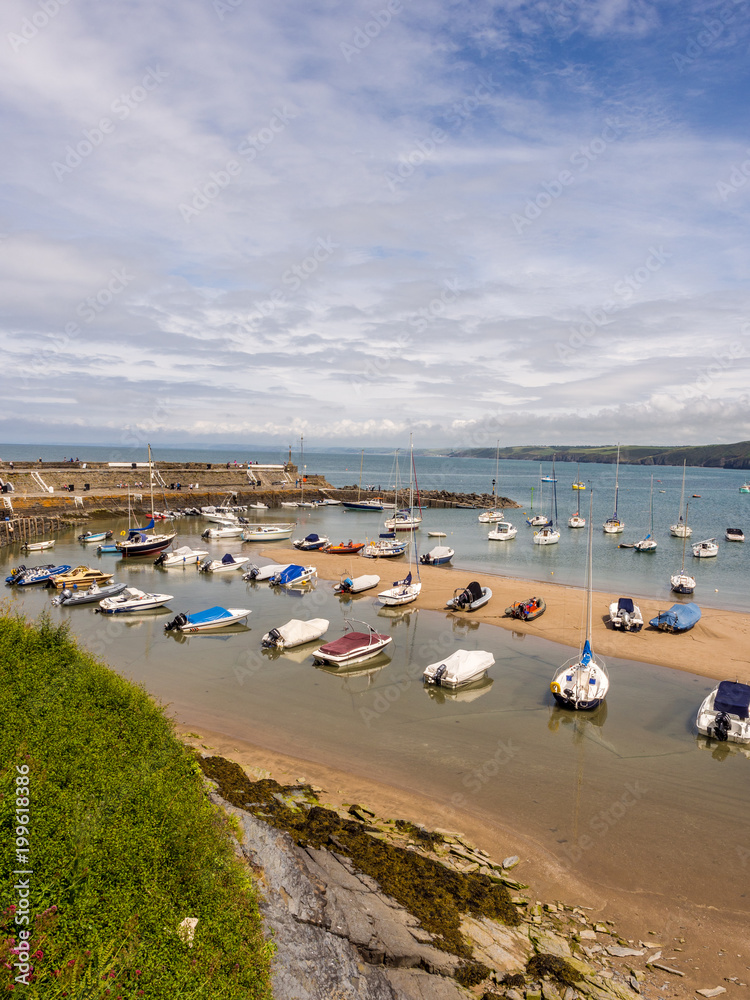 Pleasure craft moored in the harbour on a summers day at New Quay, Credigon, Wales, UK