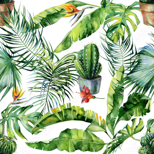 Seamless watercolor illustration of tropical leaves, dense jungle and cacti a...