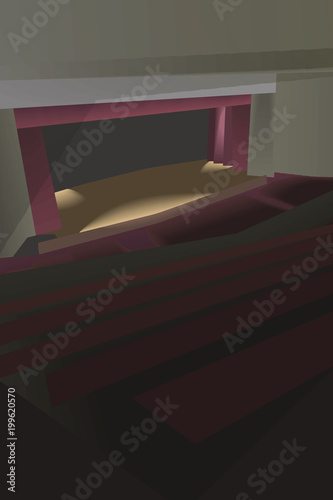 empty wooden theater scene with a red curtain illuminated by bright soffits view from the upper left corner of a dark auditorium illustration vertical