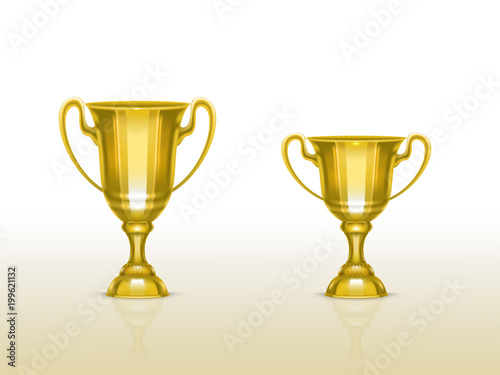 Vector 3d realistic cup  golden trophy for winner of competition  championship. Shiny gold metal goblet for success  victory. Reward  prize isolated on white background. Achievement design
