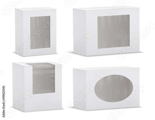 Vector set of realistic empty cardboard boxes with transparent windows isolated on background. Clipart with carton or paper white packages, gift packaging for various goods. Mockup for your design