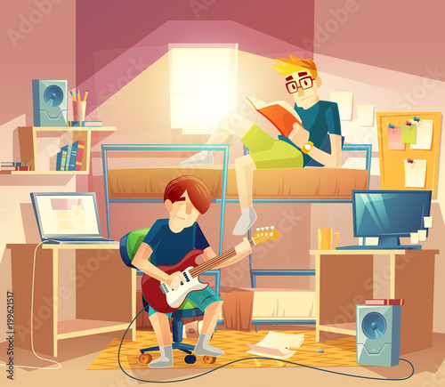 Vector dormitory room with roommates, bunk, computers, table, loudspeakers, bookshelves. Interior with furniture, inside the student dorm. College small apartment. Teenagers sharing room studying
