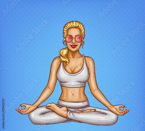 Vector pop art smiling blonde girl in sun glasses doing yoga, sitting in a lotus pose or padmasana, isolated on blue dotted background. Young sexy woman training her body, healthy lifestyle concept