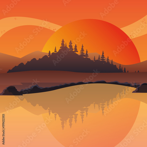 sunset landscape at the lake, colorful design. vector illustration